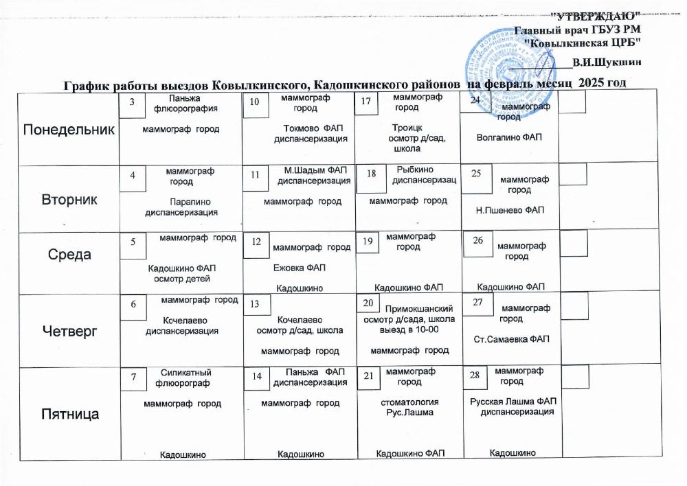 График работы выездов Ковылкинского, Кадошкинского районов на февраль 2025 г.